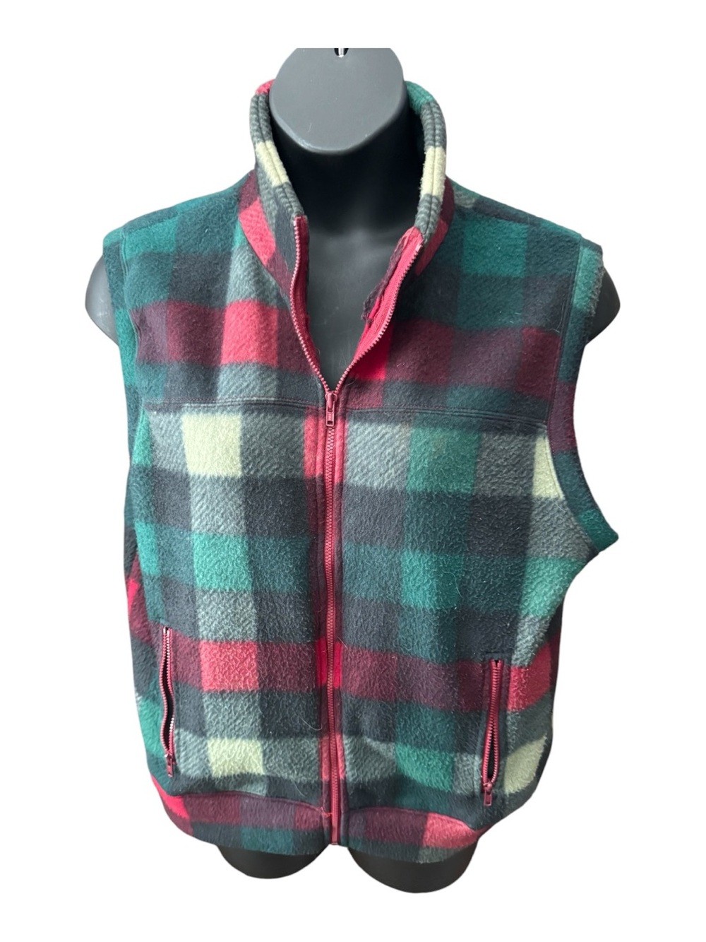 Men's Plaid Fleece Zip Vest - Teal, Red & Cream